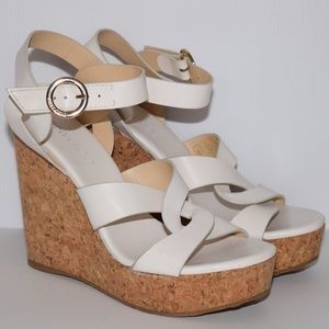 Jimmy Choo London 'Aleili' White Ankle Strap Leather Cork Wedge Size EU 40/US 10
